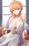  1girl bangs bare_shoulders breasts cleavage closed_mouth clothing_cutout collarbone commentary dress earrings english_commentary fingernails flower gem girls_frontline glint hand_up highres indoors jewelry large_breasts long_fingernails long_sleeves looking_at_viewer mole mole_on_breast mole_under_eye nail_polish necklace niac orange_flower orange_hair orange_nails orange_rose ots-14_(girls_frontline) pelvic_curtain red_flower red_rose rose short_hair_with_long_locks shoulder_cutout sidelocks signature sitting smile solo white_dress window 