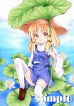  1girl :3 bangs blonde_hair brown_footwear brown_headwear closed_mouth commentary_request day eyebrows_visible_through_hair flat_chest flower foot_out_of_frame hat highres holding_plant light_blush lily_pad long_hair long_sleeves looking_at_viewer lotus marker_(medium) moriya_suwako outdoors parted_bangs purple_skirt purple_vest sample sitting skirt smile solo thighhighs touhou traditional_media turtleneck vest water white_flower white_legwear wide_sleeves yellow_eyes yuiki_(cube) 