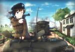  1girl 3boys blue_eyes breasts brown_hair caterpillar_tracks cloud day english_commentary fence grass ground_vehicle hat headphones hermann highres house m4_sherman military military_hat military_uniform military_vehicle motor_vehicle multiple_boys one_eye_closed original ponytail revolver signature sky tank tree uniform wooden_fence 