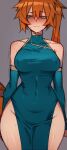  1girl aqua_dress bare_hips bare_shoulders blush boku_no_hero_academia china_dress chinese_clothes covered_navel cowboy_shot cum cum_in_mouth cumdrip dress dress_lift ear_blush grey_background halter_dress halterneck highres kendou_itsuka long_hair looking_at_viewer mr._skull no_bra no_panties nose_blush orange_hair side_ponytail simple_background solo sweat trembling wavy_mouth 