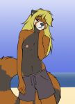  ailurid anthro arlette_(fiercedeitylynx) beach blonde_hair blue_eyes breasts clothed clothing eyebrow_through_hair eyebrows female fiercedeitylynx flat_chested fluffy fluffy_tail hair hi_res long_hair looking_at_viewer male_swimwear_challenge mammal nipples one_eye_closed outside red_panda sand sea seaside sky small_breasts solo swimming_trunks swimwear tomboy topless translucent translucent_hair water wink 
