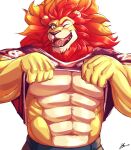  abs anthro biceps bottomwear clothed clothing felid flammars hair hi_res lion lovers_of_aether male mammal muscular muscular_anthro muscular_male one_eye_closed open_mouth pantherine pants pecs raised_clothing raised_shirt raised_topwear red_hair rivals_of_aether shirt solo teeth topwear video_games wink yongdasom zetterburn 