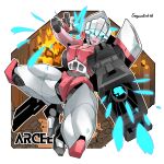  1girl arcee autobot blue_eyes character_name dual_wielding explosion firing high_heels holding looking_at_viewer mecha no_humans open_mouth science_fiction sergeantctrln solo transformers 