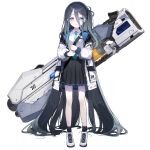  1girl absurdly_long_hair arisu_(blue_archive) blue_archive blue_eyes blush boots commentary_request dark_blue_hair full_body hair_between_eyes halo headband jacket long_hair looking_at_viewer necktie official_art railgun school_uniform smile solo transparent_background very_long_hair weapon 