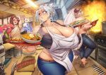  5girls absurdres alcohol apron bare_shoulders belt blue_skin blush bottle bowl breasts brown_belt brown_hair cleavage closed_eyes collarbone colored_skin cooking crop_top cup curvy cutting_board denim ear_piercing fire folded_ponytail food gofa high_ponytail highres holding holding_tray horns huge_breasts indoors juice_box knife looking_to_the_side mole mole_under_mouth multiple_girls noodles open_mouth original parted_lips piercing pink_hair pot ramen restaurant sakazuki sake sideboob sidelocks standing stove sweat thick_thighs thighs tray white_apron white_hair yakisoba 