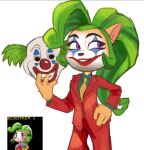  activision anthro bandicoot clothing clown coco_bandicoot crash_bandicoot_(series) female green_hair hair hi_res joker_(2019_film) looking_aside makeup mammal marsupial mask smile suit unknown_artist video_games 