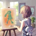  1girl anny_(yoai) art_brush backpack bag brown_hair canvas_(object) commentary easel english_commentary from_behind holding holding_paintbrush instagram_logo original paintbrush painting palette plant potted_plant solo spongebob_squarepants squidward_tentacles twitter_logo watermark window 