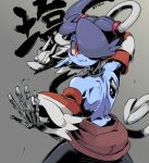  1girl 770mk back black_neckwear blue_skin bone colored_skin decay fighting_stance grey_background hair_over_one_eye leviathan_(skullgirls) martial_arts red_eyes shading skeletal_arm skeletal_tail skullgirls sleeves squigly_(skullgirls) stitched_mouth stitches striped_sleeves tail twitter_username zombie 