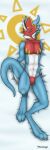  absurd_res anthro armor bulge clothing dakimakura_design digimon digimon_(species) flamedramon headgear helmet hi_res lying male on_back smiling_at_viewer solo tenecayr_(artist) thong underwear 