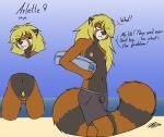  2020 ailurid anthro arlette_(fiercedeitylynx) beach blonde_hair blue_eyes bodily_fluids breasts butt_from_the_front clitoris clothed clothing dialogue english_text eyebrow_through_hair eyebrows female fiercedeitylynx flat_chested fluffy fluffy_tail genitals green_eyes hair heterochromia hi_res long_hair male_swimwear_challenge mammal navel nipples outside pubes pussy red_panda sands sea seaside signature sky small_breasts solo speech_bubble striped_tail stripes sweat sweatdrop swimming_trunks swimwear text tomboy tongue tongue_out topless translucent translucent_hair water 
