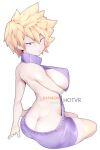  1girl ass back bakugou_mitsuki bare_arms bare_legs blonde_hair boku_no_hero_academia breasts covered_nipples from_behind full_body hot_vr large_breasts mature meme_attire purple_sweater red_eyes simple_background sitting solo spiked_hair sweater virgin_killer_sweater white_background 