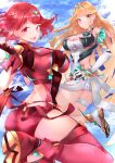  bodysuit cleavage garter heels hikari_(xenoblade_2) homura_(xenoblade_2) risumi_(taka-fallcherryblossom) thighhighs xenoblade xenoblade_chronicles_2 