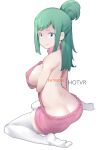  1girl ass boku_no_hero_academia breasts closed_mouth full_body green_eyes green_hair hot_vr large_breasts long_hair looking_at_viewer looking_back mature meme_attire midoriya_inko no_bra pink_sweater sidelocks simple_background sitting smile solo sweater thighhighs virgin_killer_sweater wariza white_background white_legwear 