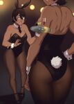  1girl animal_ears ass back black_hair blue_eyes blush breasts bunny_ears bunny_tail cleavage dark_skin dark_skinned_female detached_collar detached_sleeves earrings hand_on_hip highres holding holding_tray jewelry k&#039;lyn looking_to_the_side open_mouth original pantyhose playboy_bunny razalor short_hair tail toned tray 