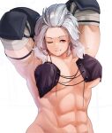  1girl abs armpits arms_behind_head breasts breasts_apart dorohedoro earrings grey_hair highres jewelry large_breasts long_hair muscular muscular_female navel naze noi_(dorohedoro) one_eye_closed parted_lips red_eyes smile solo 