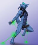  absurd_res anthro balls blue_body chain chained claws dragon erection genitals handcuffs harness hi_res horn knot laser leather leather_harness leather_straps male penis scalie shackles solo tenecayr_(artist) 