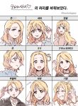  1girl :3 alternate_hairstyle asymmetrical_bangs bangs black_jacket black_shirt blonde_hair braid chart closed_mouth crown_braid earrings eyebrows_visible_through_hair grin hair_rings hand_in_hair jacket jewelry long_hair long_sleeves looking_at_viewer love_live! love_live!_sunshine!! medium_hair messy_hair necklace ohara_mari ok_sign one_eye_closed open_clothes open_jacket open_mouth pink_shirt pito_(sh02327) shirt short_hair sidelocks smile solo swept_bangs turtleneck undercut very_short_hair wavy_hair white_background white_shirt yellow_eyes 