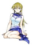  1girl 203wolves ankle_boots artist_name bangs bare_arms bare_shoulders belt blonde_hair blue_footwear blue_skirt boots breasts buttons closed_mouth commentary_request duel_academy_uniform_(yu-gi-oh!_gx) full_body high_heel_boots high_heels highres long_hair looking_at_viewer medium_breasts miniskirt signature simple_background sitting skirt sleeveless smile solo tenjouin_asuka turtleneck white_background yellow_eyes yu-gi-oh! yu-gi-oh!_gx 
