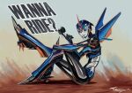  1girl arcee artist_name autobot black_sclera blue_eyes blue_lips colored_sclera english_text from_side hand_on_own_leg helmet leg_up looking_to_the_side mecha motorcycle_helmet no_humans science_fiction sitting smile solo transformers transformers_prime trunchbull 