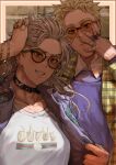  1boy 1girl choker collared_shirt dorohedoro grey_hair hands_up highres jewelry long_sleeves looking_at_viewer noi_(dorohedoro) park_ongjol parted_lips print_shirt ring shadow shin_(dorohedoro) shirt smile tinted_eyewear upper_body 