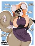  2019 anthro big_breasts breasts brown_body brown_fur brown_hair canid canine canis clothing collar curvy_figure dialogue digital_media_(artwork) domestic_dog dress english_text female fur hair hi_res hourglass_figure huge_breasts inkit89 leash looking_at_viewer mammal multicolored_body multicolored_fur red_eyes simple_background solo squeaky_toy talking_to_viewer text thick_thighs voluptuous white_body white_fur wide_hips 