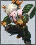  1boy :d bakugou_katsuki blonde_hair boku_no_hero_academia character_name gloves green_gloves grey_background looking_at_viewer male_focus nicame open_mouth orange_gloves red_eyes short_hair simple_background smile solo spark spiked_hair standing two-tone_gloves 