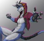  anthro canid canine claws clothed clothing hooded_jacket horn hybrid male mammal partially_clothed pawpads showing_teeth solo tenecayr_(artist) 