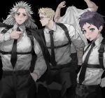  2boys 2girls arms_up belt black_background black_hair black_jacket black_neckwear black_pants blonde_hair collared_shirt dorohedoro ebisu_(dorohedoro) grey_hair highres jacket jacket_on_shoulders kaiman_(dorohedoro) long_hair long_sleeves multiple_boys multiple_girls necktie noi_(dorohedoro) pants park_ongjol profile purple_eyes red_eyes shin_(dorohedoro) shirt shirt_tucked_in short_hair spikes white_shirt 