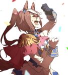  1girl animal_ears brown_hair cape confetti epaulettes fist_pump gloves horse_ears horse_tail mismatched_gloves multicolored_hair ponytail ree_(re-19) skirt streaked_hair sweat tail tokai_teio_(umamusume) umamusume white_background 