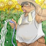  2006 anthro black_hair bodily_fluids bottomwear brown_body brown_fur clothing digital_media_(artwork) flower fur hair humanoid_hands kemono low_res male mammal oekaki outside overweight overweight_male pants plant shirt sunflower sweat takagi_kyou tongue tongue_out topwear ursid water wet 