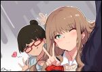  2girls absurdres arm_up bangs black_hair brown_eyes brown_hair dated frown glasses green_eyes grey_background hair_bun heart highres long_hair mei_(dynazenon) minami_yume multiple_girls one_eye_closed post red-framed_eyewear selfie short_hair sketch ssss.dynazenon tongue tongue_out v zhanzhangzlw 