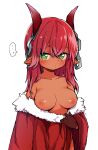  ... 1girl bare_shoulders blush breasts chain collarbone dark_skin dark_skinned_female done_(donezumi) green_eyes highres horns long_hair looking_at_viewer nipples original pointy_ears red_hair red_horns simple_background sketch solo spoken_ellipsis white_background 