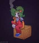  activision anthro bandicoot black_background clown coco_bandicoot crash_bandicoot_(series) crate female green_hair hair hi_res joker_(2019_film) makeup mammal marsupial simple_background sitting smoking video_games wheatherrw 