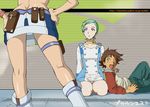  2girls blush brown_hair embarrassed eureka eureka_seven eureka_seven_(series) green_eyes green_hair hands_on_hips kneeling multiple_girls open_mouth panties pantyshot pink_eyes purin_esthe raglan_sleeves renton_thurston striped striped_panties talho_yuuki thigh_strap underwear watermark web_address 