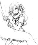  1girl bangs clothed_female_nude_male greyscale handjob hetero kazu monochrome nude oral original penis school_uniform serafuku simple_background sketch solo_focus white_background 