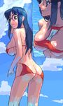  ass bikini blue_eyes blue_hair bra_on_ass bra_on_hips breasts closed_mouth cloud day from_behind glasses hand_on_head large_breasts long_hair looking_away lowres nadeara_bukichi panties_on_breasts read_or_die red_bikini sky solo standing swimsuit wardrobe_error water yomiko_readman 