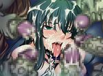  1girl 5boys blush bukkake censored collar cum facial fellatio game_cg gangbang green_hair group_sex happy igawa_asagi kagami kagami_hirotaka leash monster multiple_boys ninja oral penis sex taimanin_asagi tongue utility_pole_spirit 