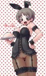  :d animal_ears breasts bunny_ears earrings fake_animal_ears fishnet_pantyhose fishnets grey_eyes grey_hair holding holding_tray jewelry kei_jiei large_breasts looking_down open_mouth original pantyhose polka_dot polka_dot_background pussy smile solo thighs tray 