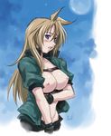  artist_name black_gloves black_shorts blonde_hair blue_eyes blush breasts day framed_breasts gloves green_jacket jacket large_breasts long_hair lowres madlax madlax_(character) maruto! moon night nipples open_clothes open_jacket parted_lips shorts signature sky solo 