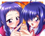  2girls ahoge ayase_yue blush braid censored hair_over_one_eye handjob mahou_sensei_negima mahou_sensei_negima! miyazaki_nodoka multiple_girls open_mouth penis purple_eyes purple_hair school_uniform studio_sunadokei sweat 