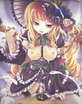  blonde_hair breasts censored clothed_sex cum cum_in_mouth cum_in_pussy cum_inside cum_on_clothes cum_on_tongue cum_string cumdrip cumstring detached_sleeves gothic green_eyes hairjob handjob hat highres long_hair miyama-zero miyama_zero naughty_face penis sex thighhighs tongue 