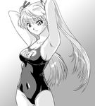  armpits arms_up artist_request breasts covered_navel greyscale medium_breasts monochrome name_tag one-piece_swimsuit sawachika_eri school_rumble school_swimsuit sideboob solo swimsuit twintails 