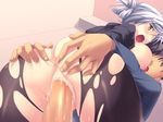  aniyome_dakara ass ass_grab bb blue_hair breasts censored cum cum_in_pussy cum_inside large_breasts machiru open_mouth pantyhose shirai_hina silver_hair stockings torn_clothes torn_pantyhose vaginal yellow_eyes 