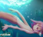  flat_chest head_fins kira07 mermaid monster_girl nipples nude pink_eyes pink_hair short_hair slender solo underwater 