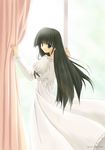  black_hair blue_eyes comic_party curtains dress from_behind hasebe_aya long_hair long_sleeves looking_back solo very_long_hair window zenzen_(onestep) 