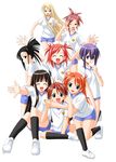  6+girls arms_around_neck artist_request asakura_kazumi black_hair blonde_hair brown_hair glasses gym_uniform hug hug_from_behind kagurazaka_asuna konoe_konoka long_hair mahou_sensei_negima! miyazaki_nodoka multiple_girls negi_springfield orange_hair pince-nez ponytail sakurazaki_setsuna sasaki_makie side_ponytail spiked_hair very_long_hair yukihiro_ayaka 