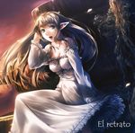  blonde_hair dress elf fantasy fence long_hair long_sleeves nature original pointy_ears simosi sitting solo white wind 