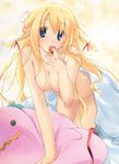  all_fours bed_sheet blonde_hair blue_eyes braid breasts eating food fruit kokonoka large_breasts long_hair messy_hair naked_sheet non-web_source nude ouka_(game) pillow pose ribbon solo sorune strawberry twin_braids under_covers 
