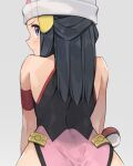  1girl adapted_costume beanie blue_eyes blue_hair blush dawn_(pokemon) from_behind grey_background hat highleg highleg_leotard leotard long_hair looking_at_viewer looking_back poke_ball poke_ball_(basic) pokemon pokemon_(game) pokemon_dppt simple_background solo spring20134 white_headwear 