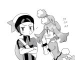  1boy 1girl animal_ears backpack bag blush brendan_(pokemon) bunny_ears bunny_tail crossed_arms easter fake_animal_ears hands_together hat hinann_bot may_(pokemon) monochrome pokemon pokemon_(game) pokemon_masters_ex pokemon_oras pout tail wrist_cuffs 